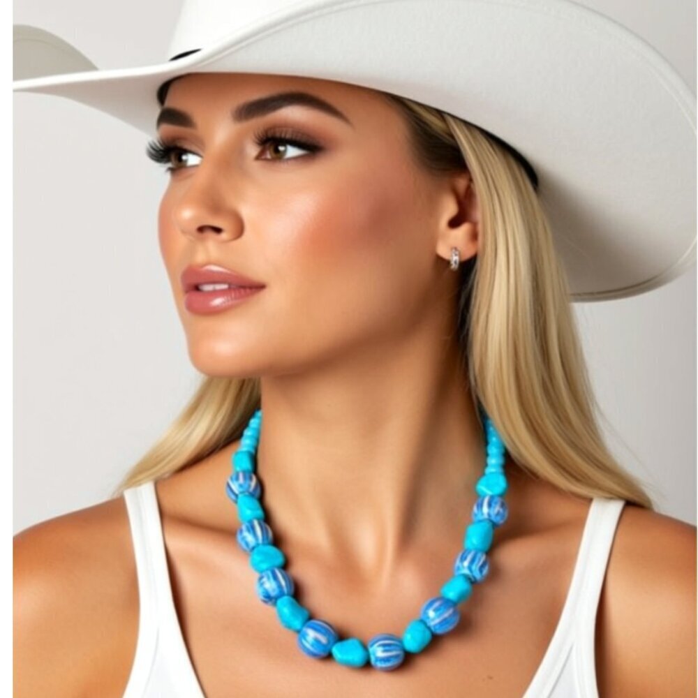 Vintage inspired blue beaded necklace with a foil inclusion design. NWT